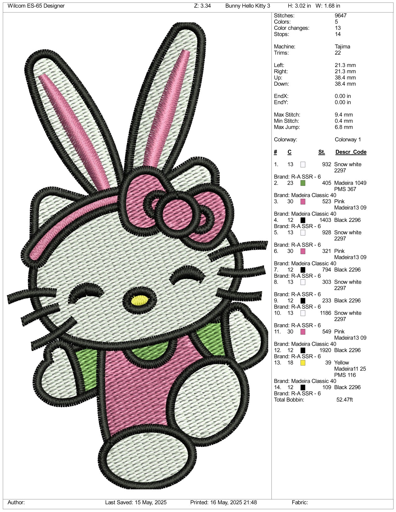 Hello Kitty Easter Bunny Embroidery Design Files - 3 Size's