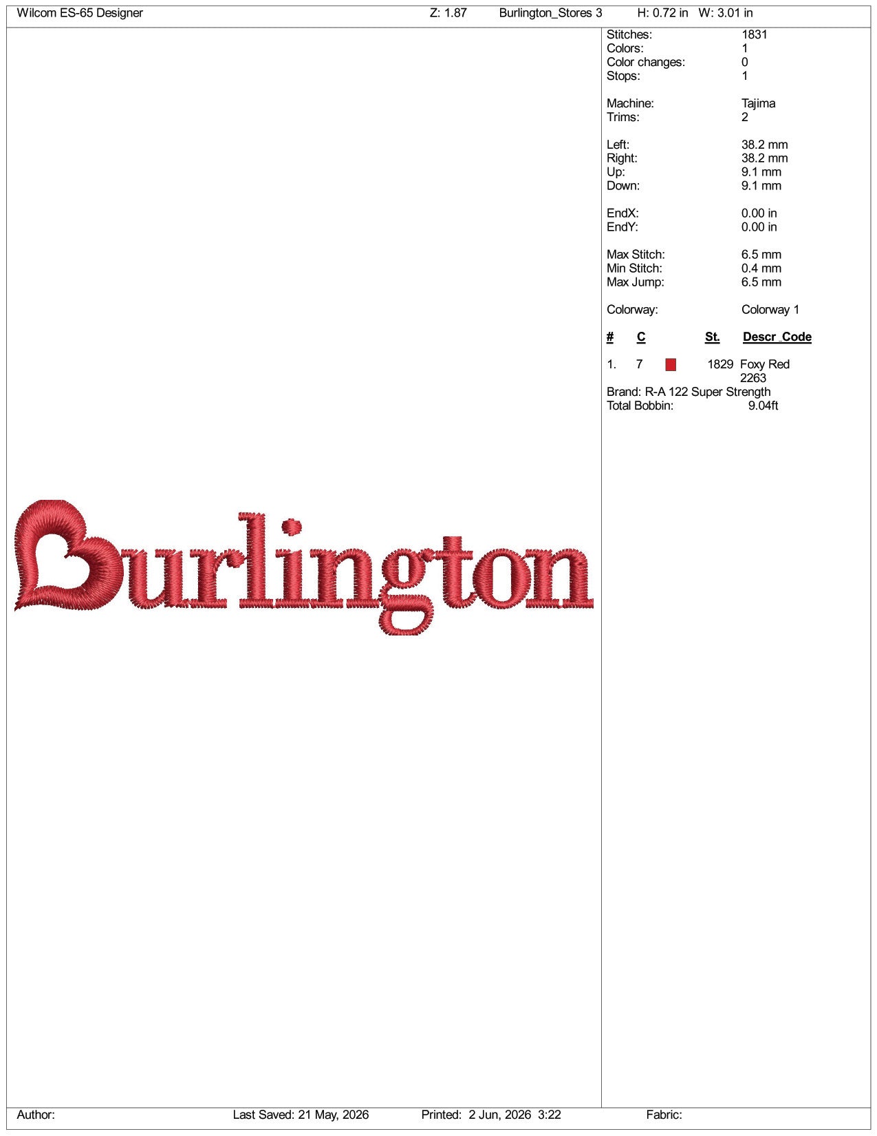 Burlington Logo Embroidery Design Files - 3 Size's