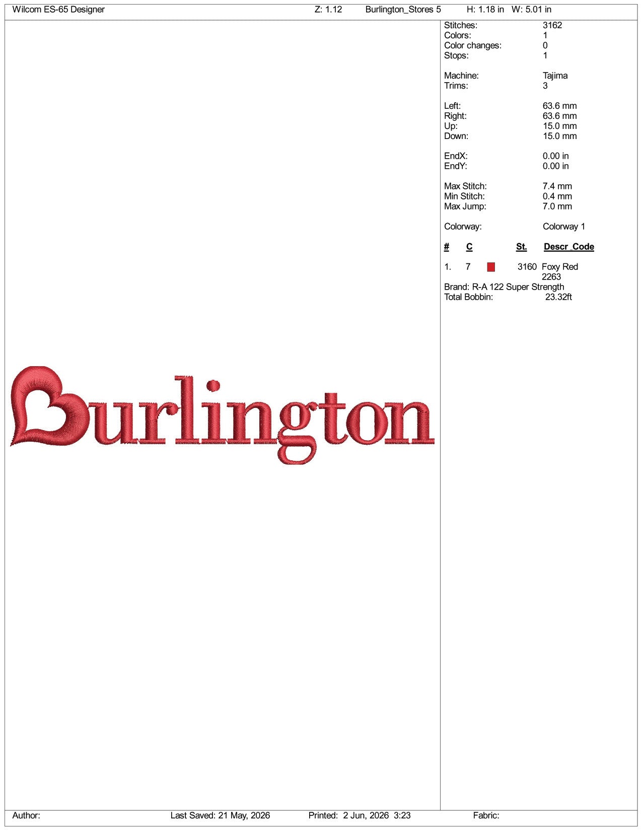 Burlington Logo Embroidery Design Files - 3 Size's