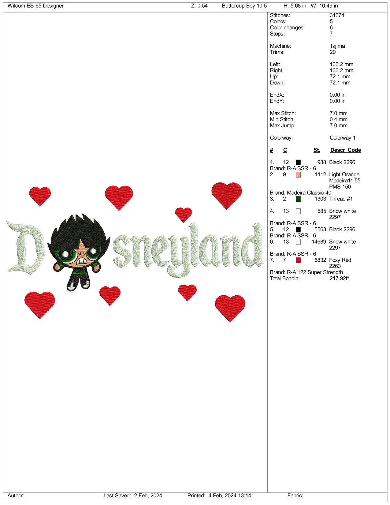 Butch Disneyland Embroidery Design Files - 3 Size's