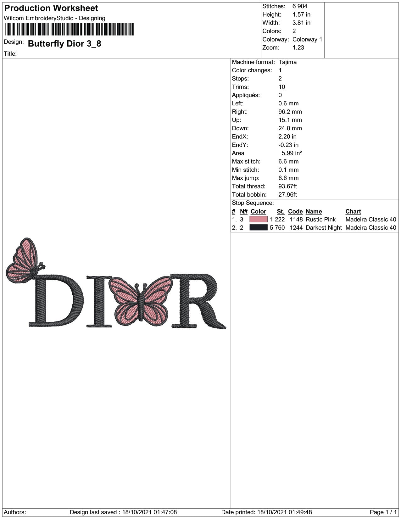Butterfly Dior Embroidery Design Files - 5 Size's