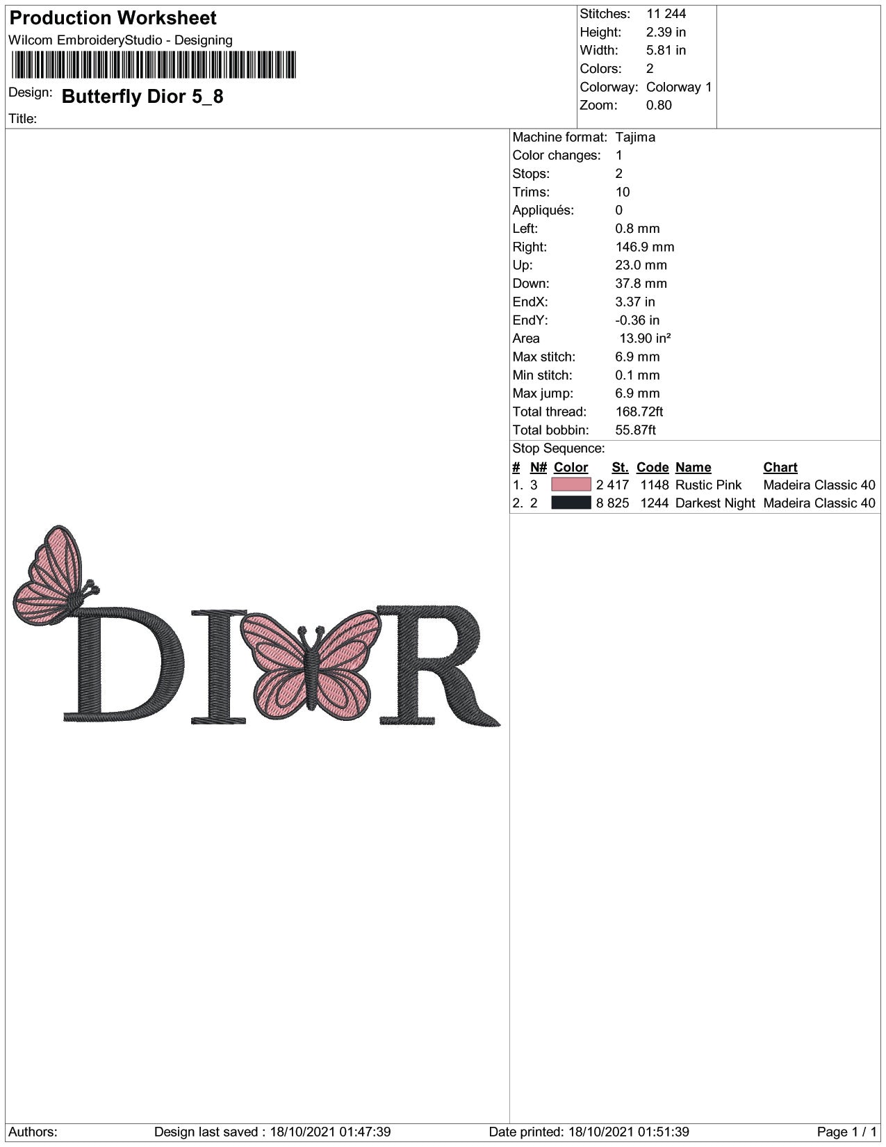 Butterfly Dior Embroidery Design Files - 5 Size's