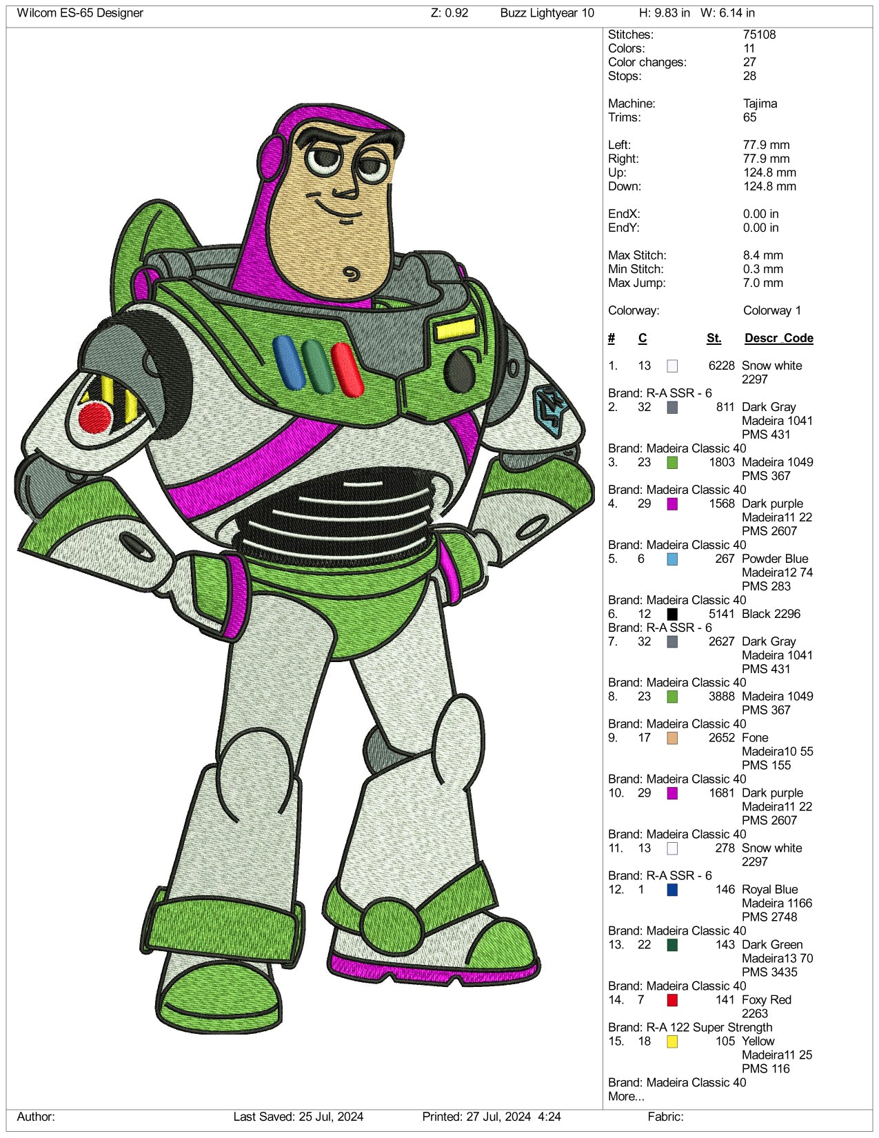 Buzz Lightyear Embroidery Design Files - 3 Size's