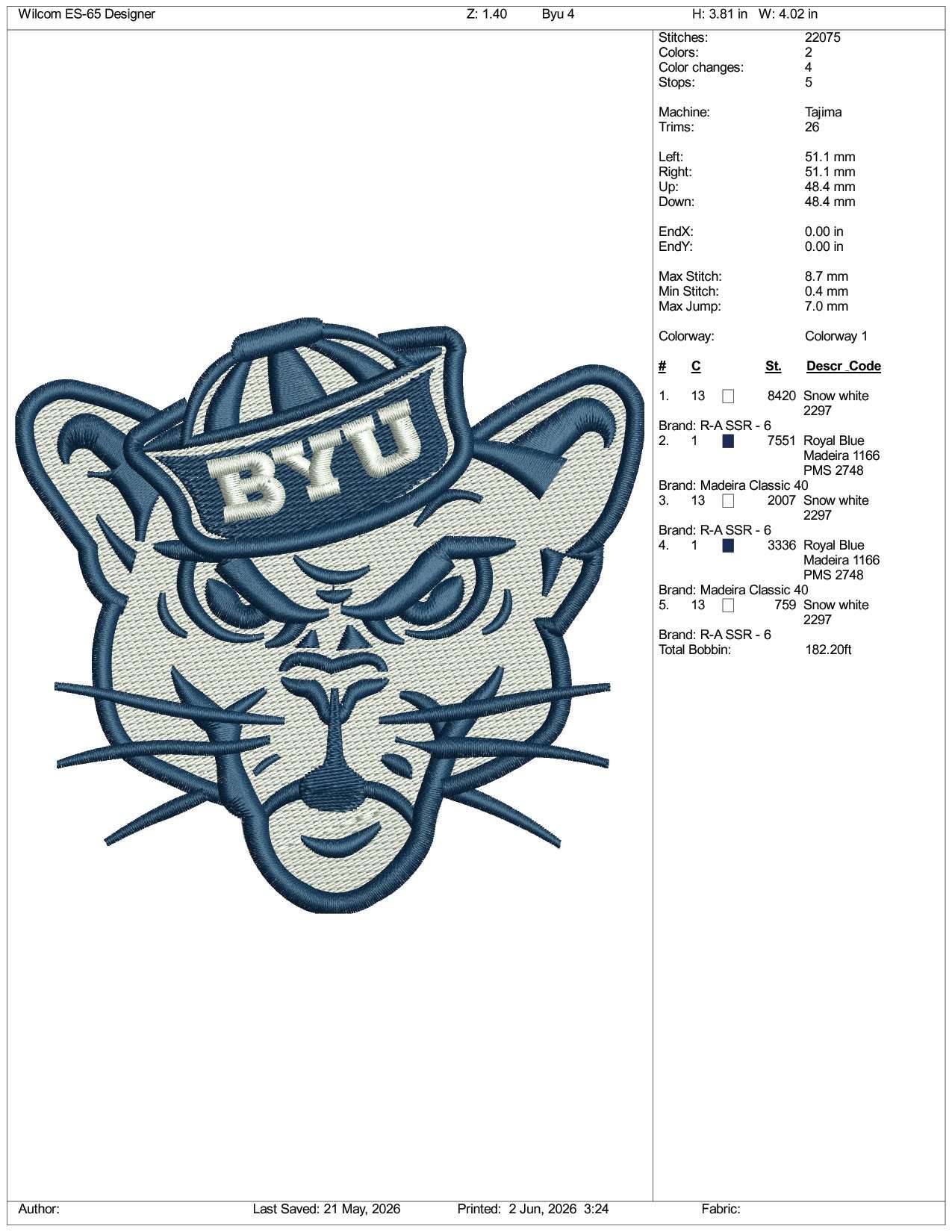 Byu Cougar Logo Embroidery Design Files - 3 Size's