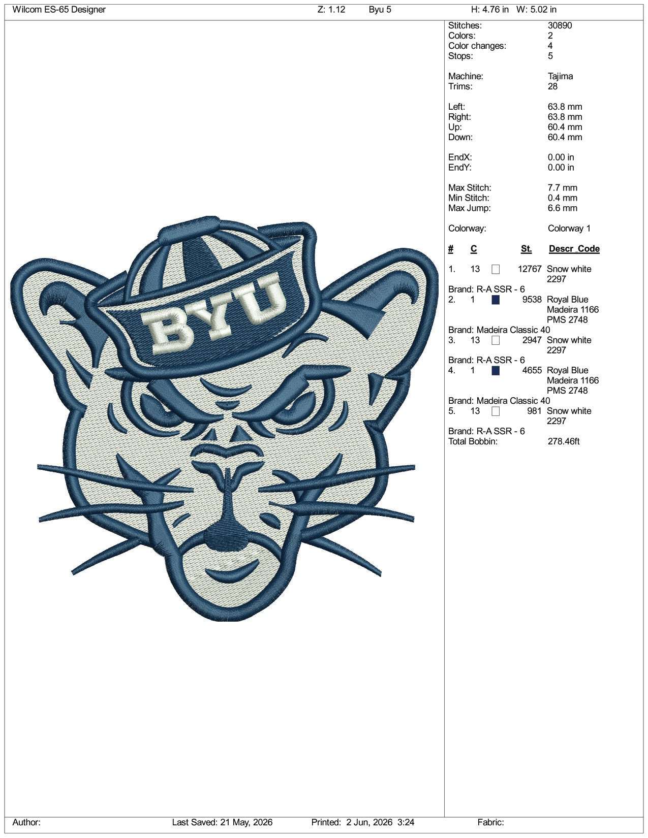 Byu Cougar Logo Embroidery Design Files - 3 Size's