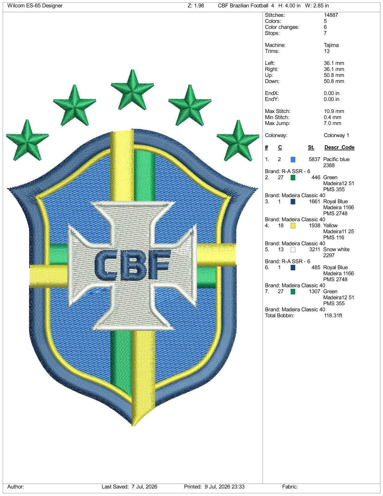 Brazilian Football Confederation Football  Logo Embroidery Design Files - 3 Size's
