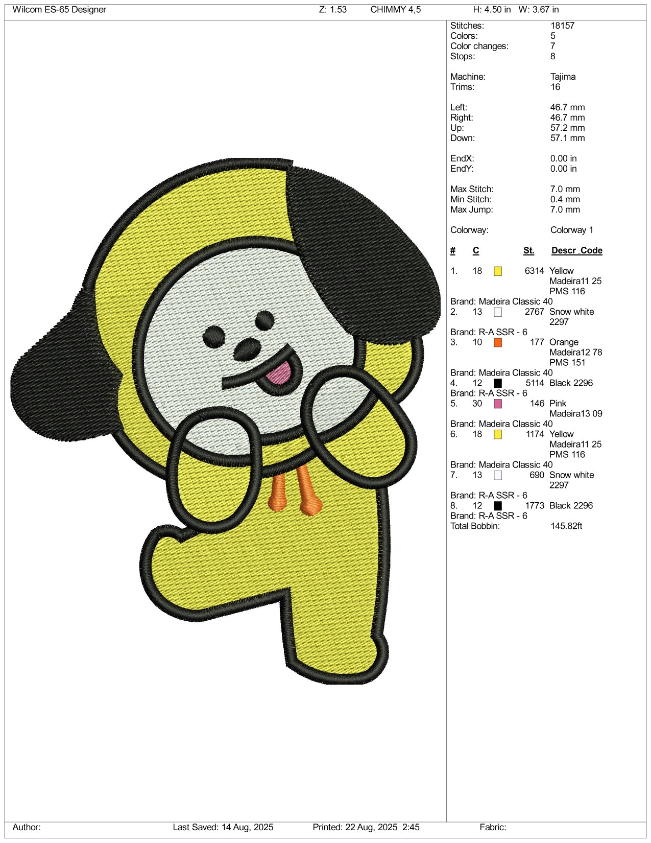 Chimmy jimin Embroidery Design Files - 3 Size's