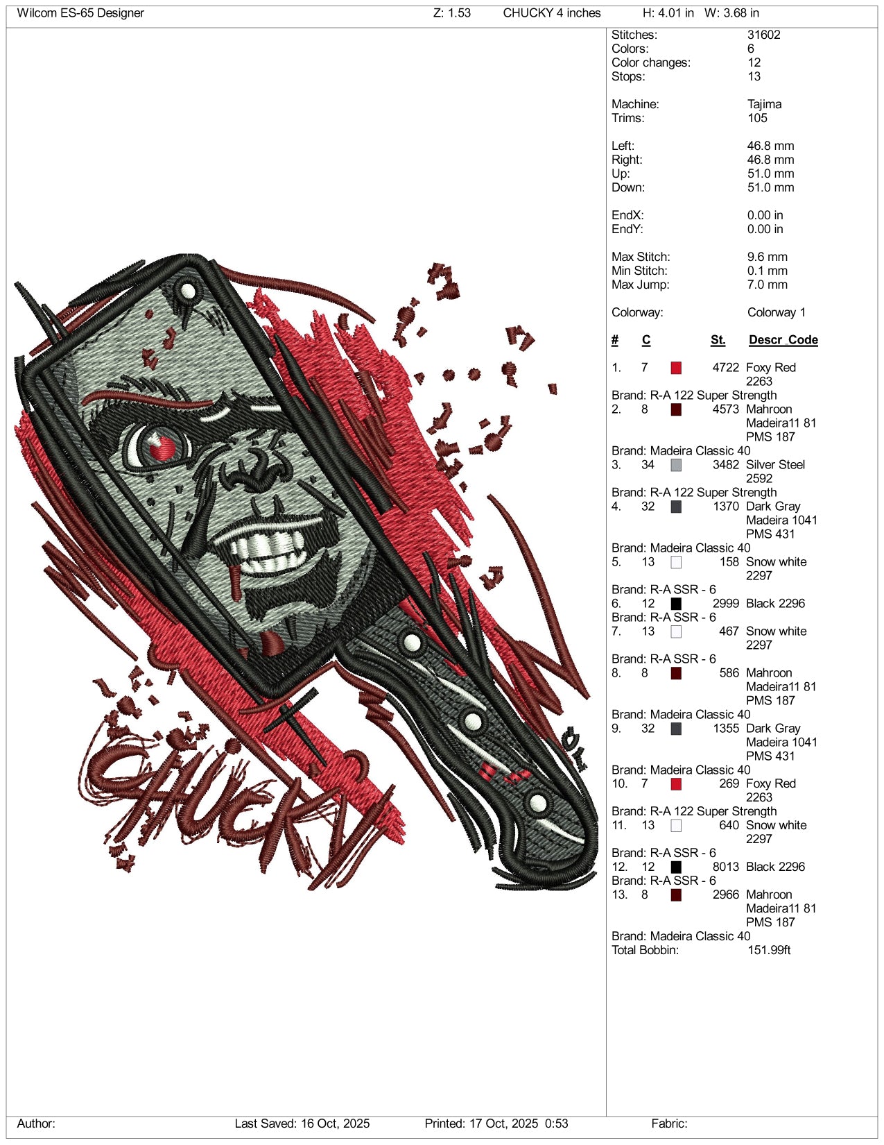 Chucky SAW Embroidery Design Files - 3 Size's