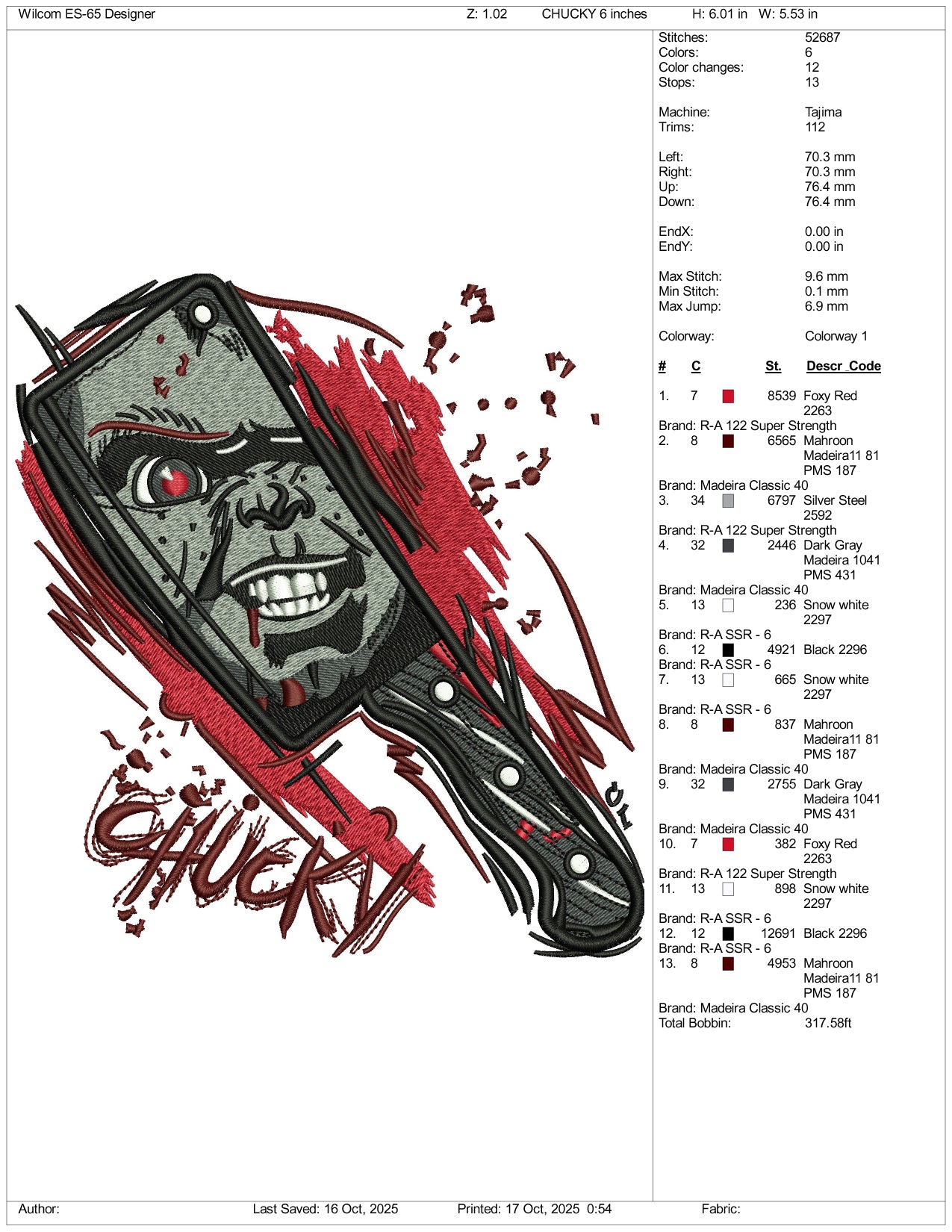 Chucky SAW Embroidery Design Files - 3 Size's