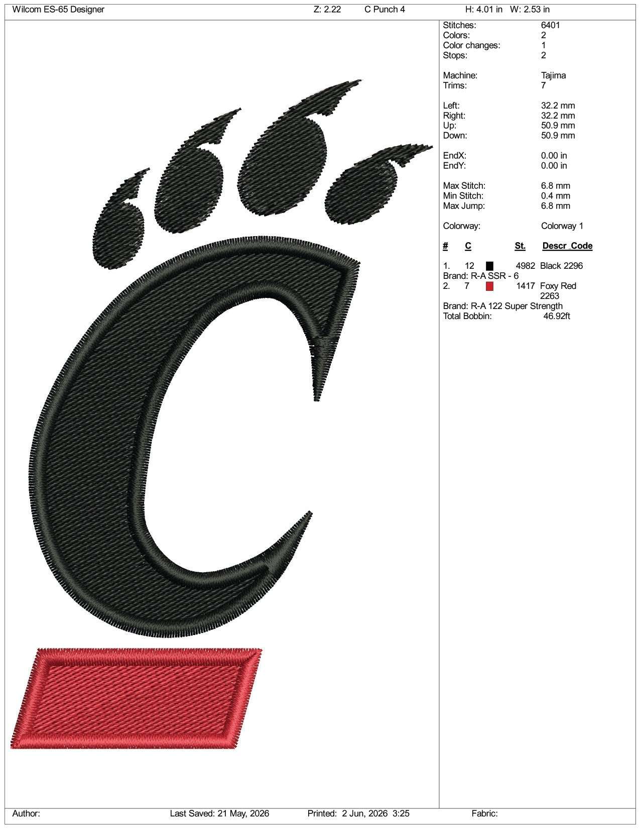 Cincinnati Bearcats Logo Embroidery Design Files - 3 Size's