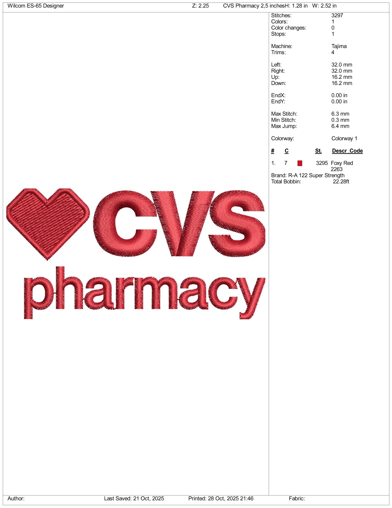 CVS Pharmacy Logo Embroidery Design Files - 3 Size's
