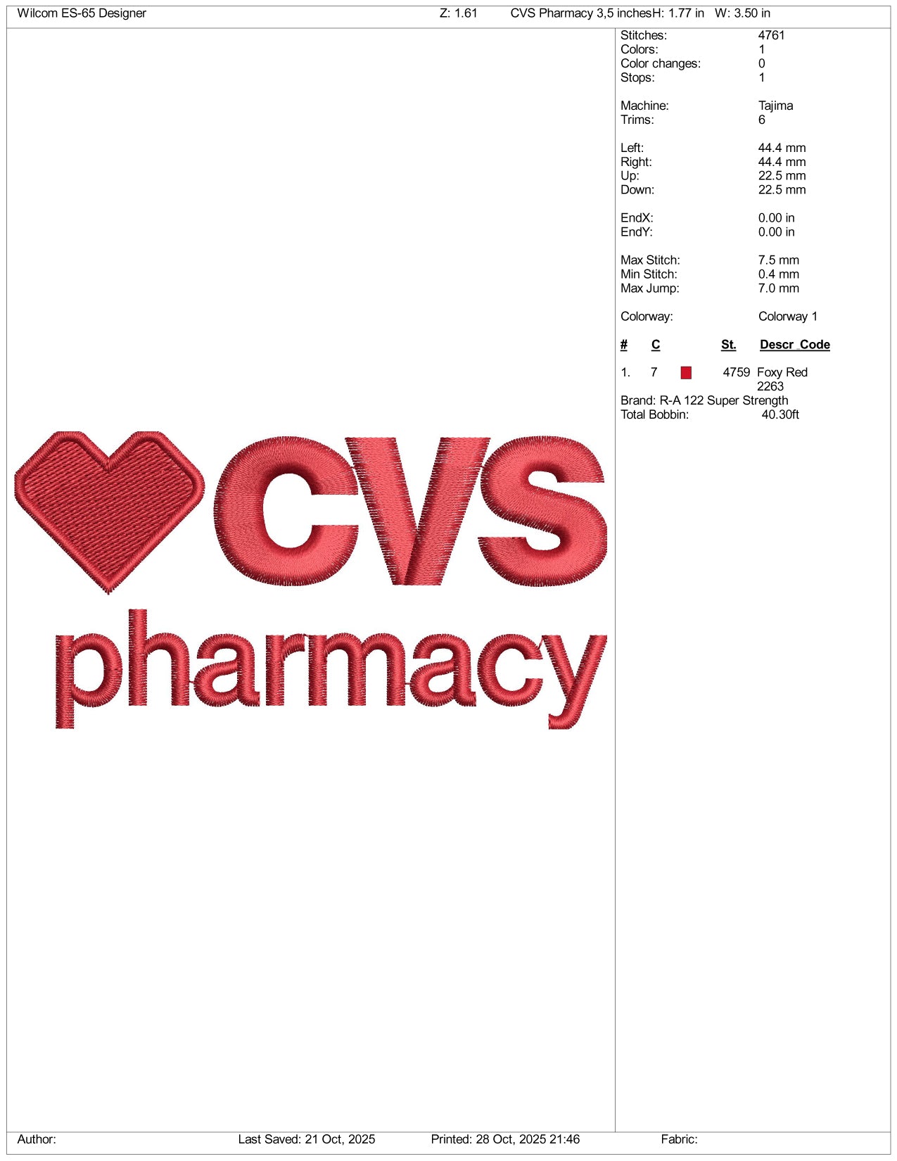 CVS Pharmacy Logo Embroidery Design Files - 3 Size's