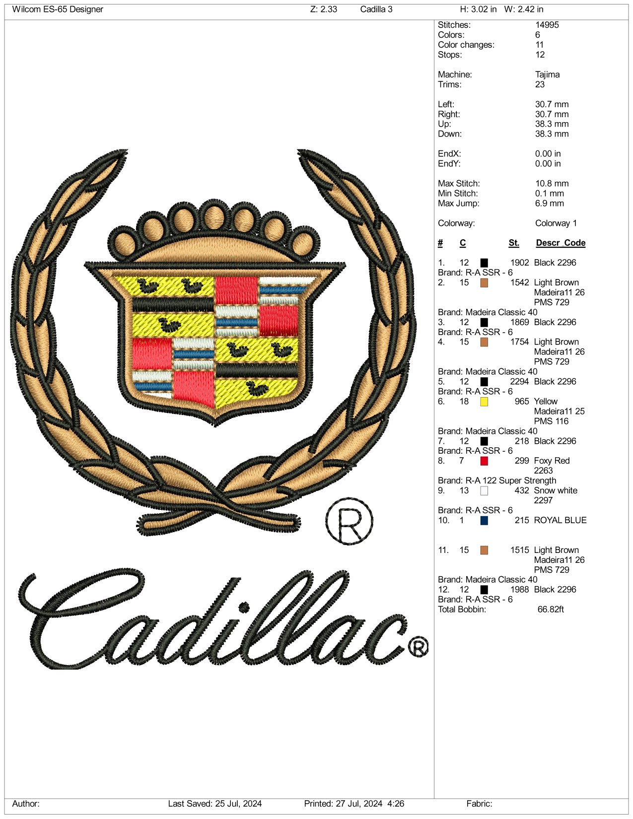 Cadillac Embroidery Design Files - 3 Size's