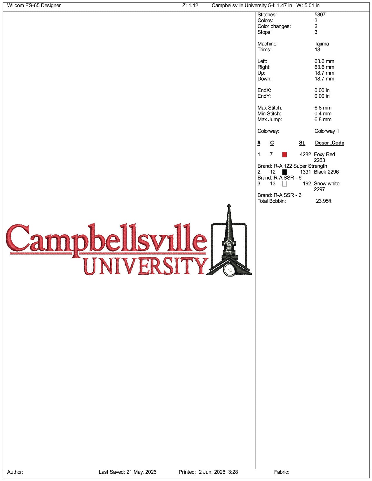 Campbellsville University Logo Embroidery Design Files - 3 Size's