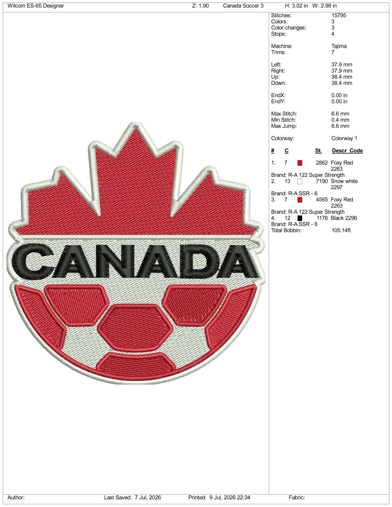 Canada Soccer Football Logo Embroidery Design Files - 3 Size's