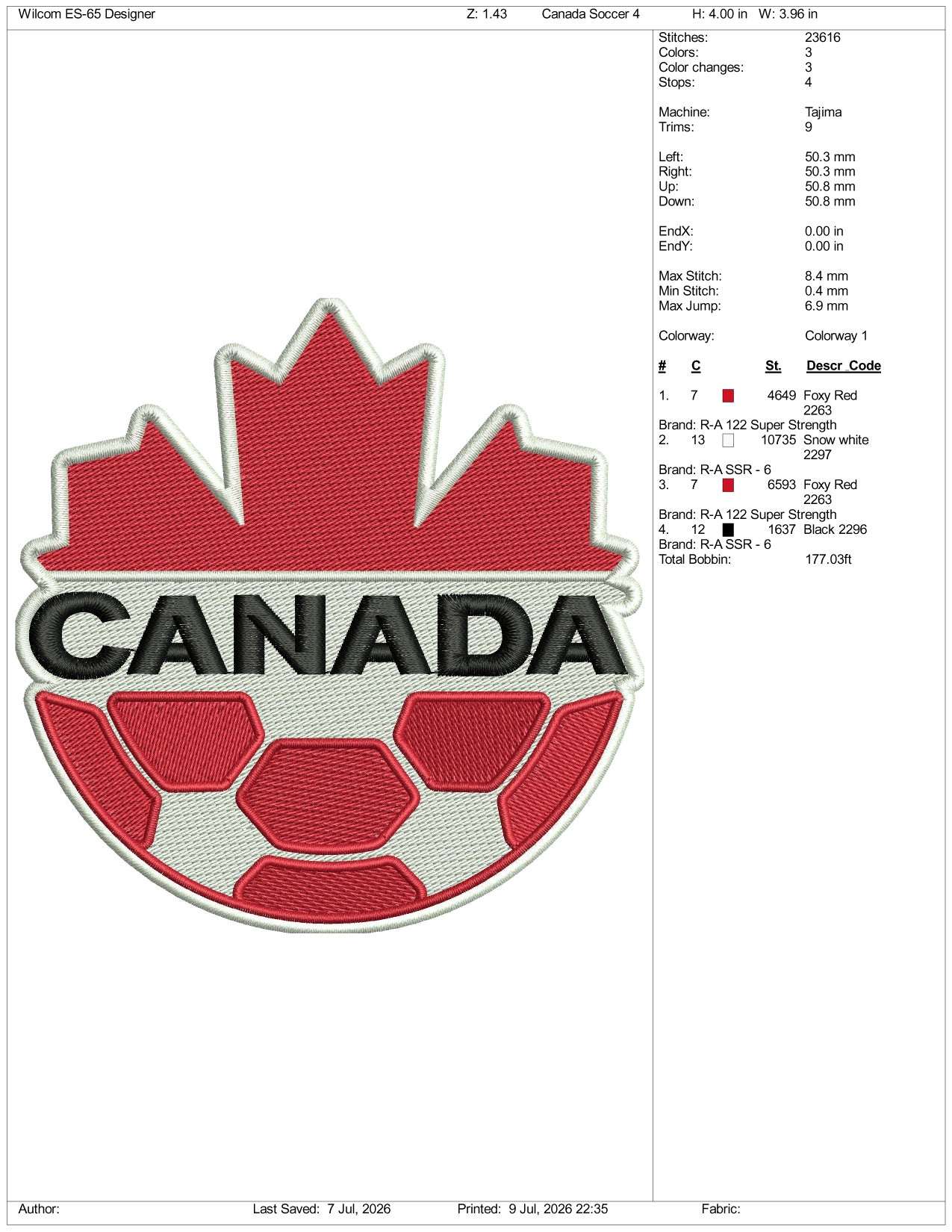 Canada Soccer Football Logo Embroidery Design Files - 3 Size's