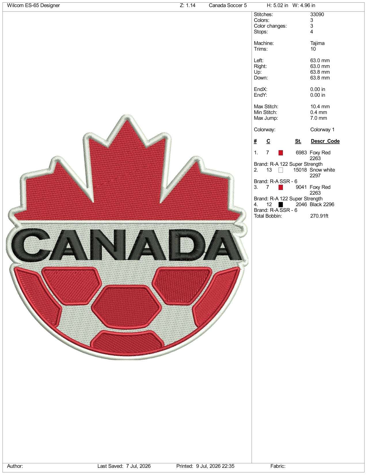 Canada Soccer Football Logo Embroidery Design Files - 3 Size's