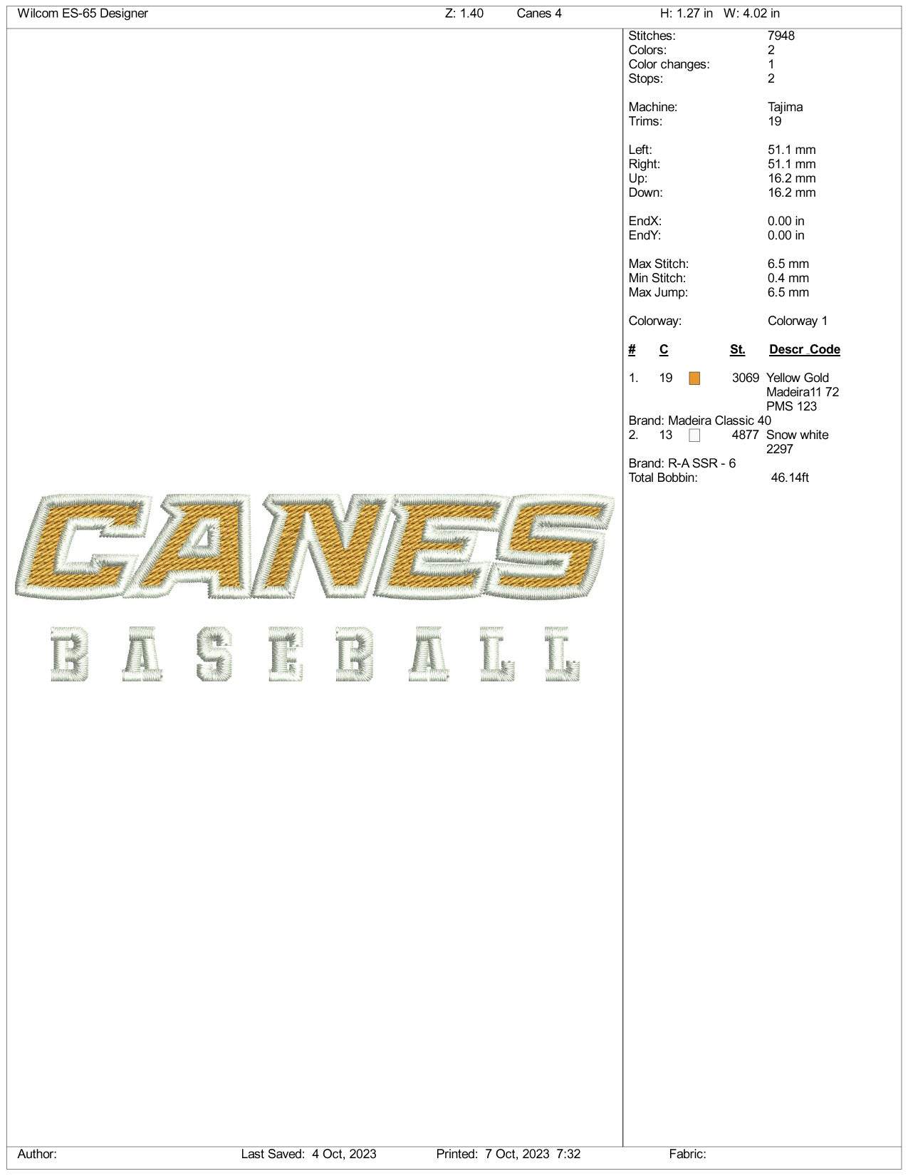 Canes Baseball Embroidery Design Files - 3 Size's