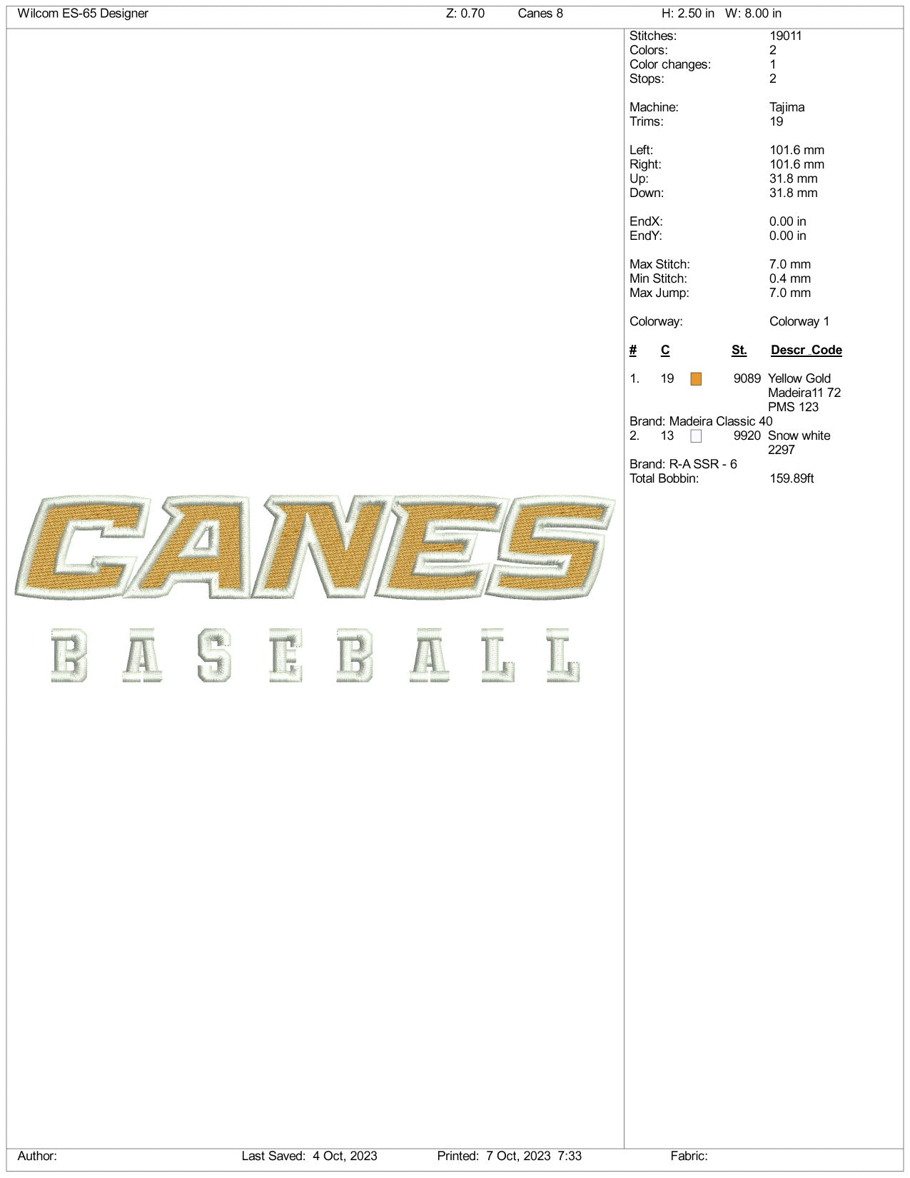 Canes Baseball Embroidery Design Files - 3 Size's