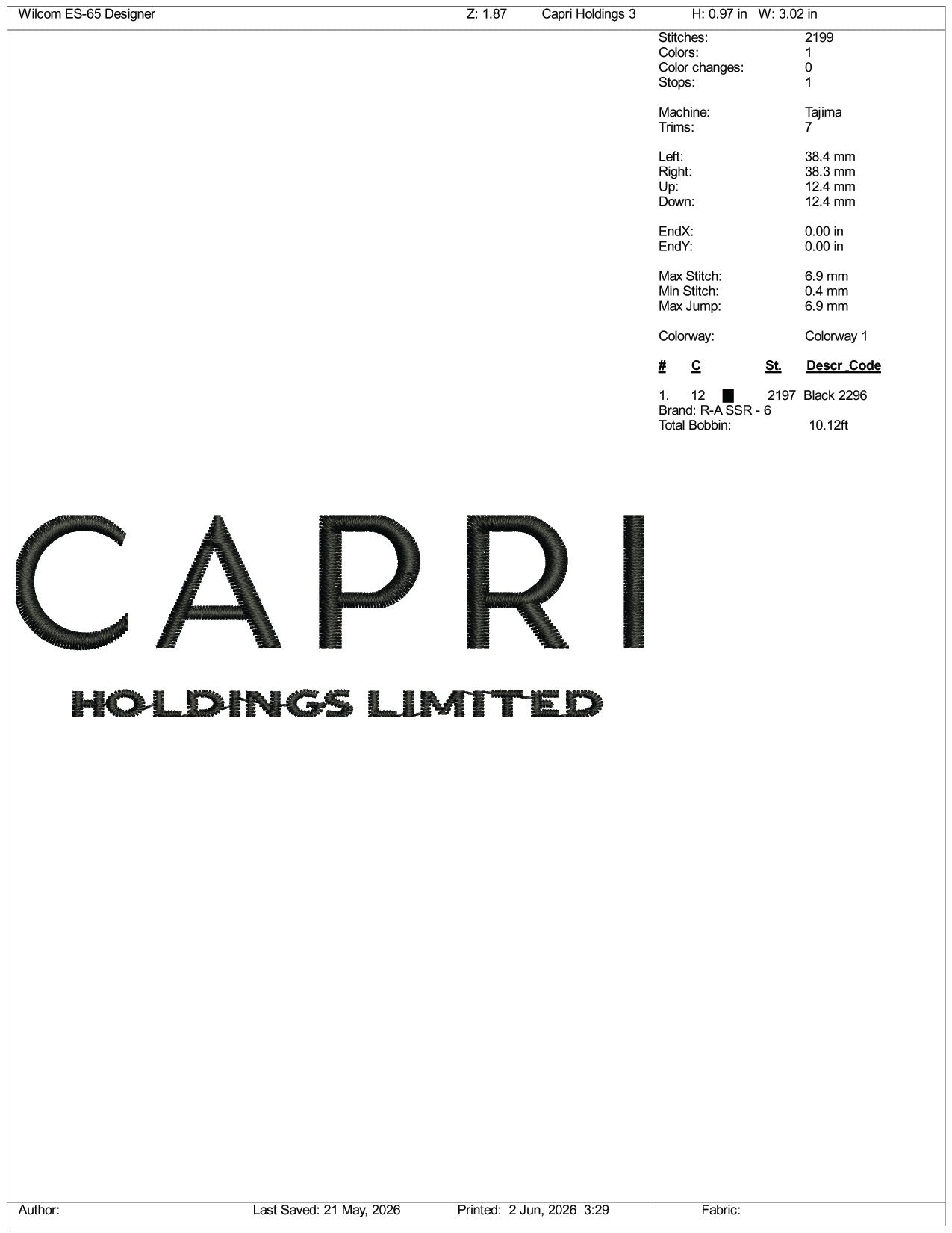 Capri Holdings Limited Logo Embroidery Design Files - 3 Size's