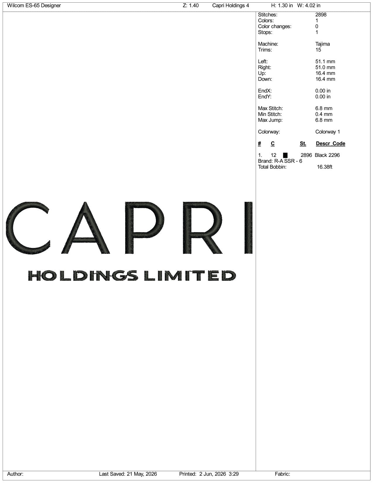 Capri Holdings Limited Logo Embroidery Design Files - 3 Size's