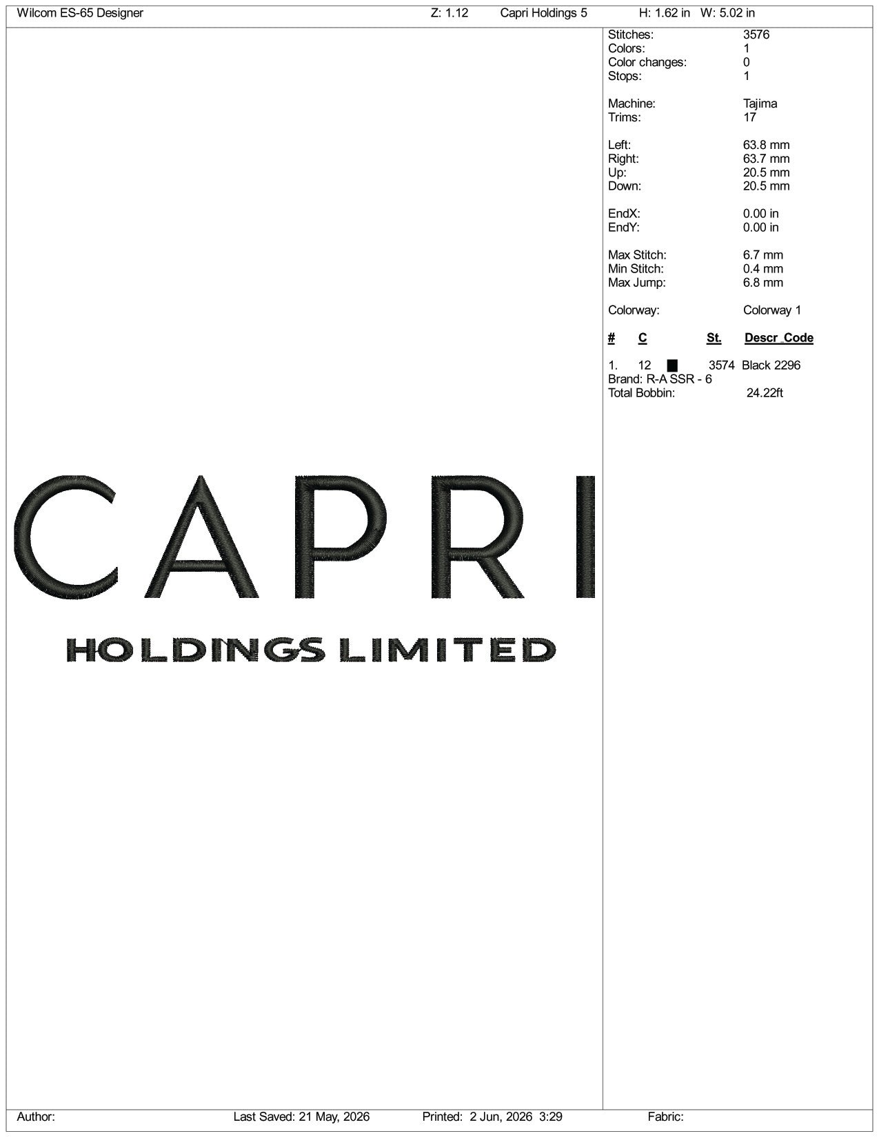 Capri Holdings Limited Logo Embroidery Design Files - 3 Size's