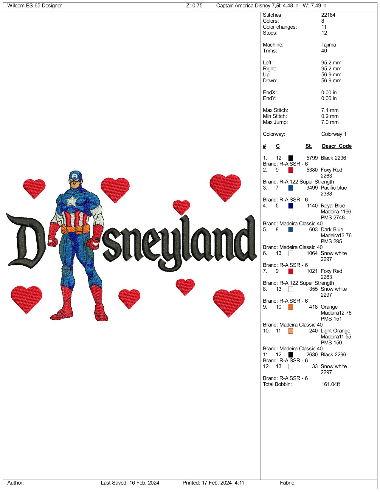 Captain America Disneyland Embroidery Design Files - 3 Size's