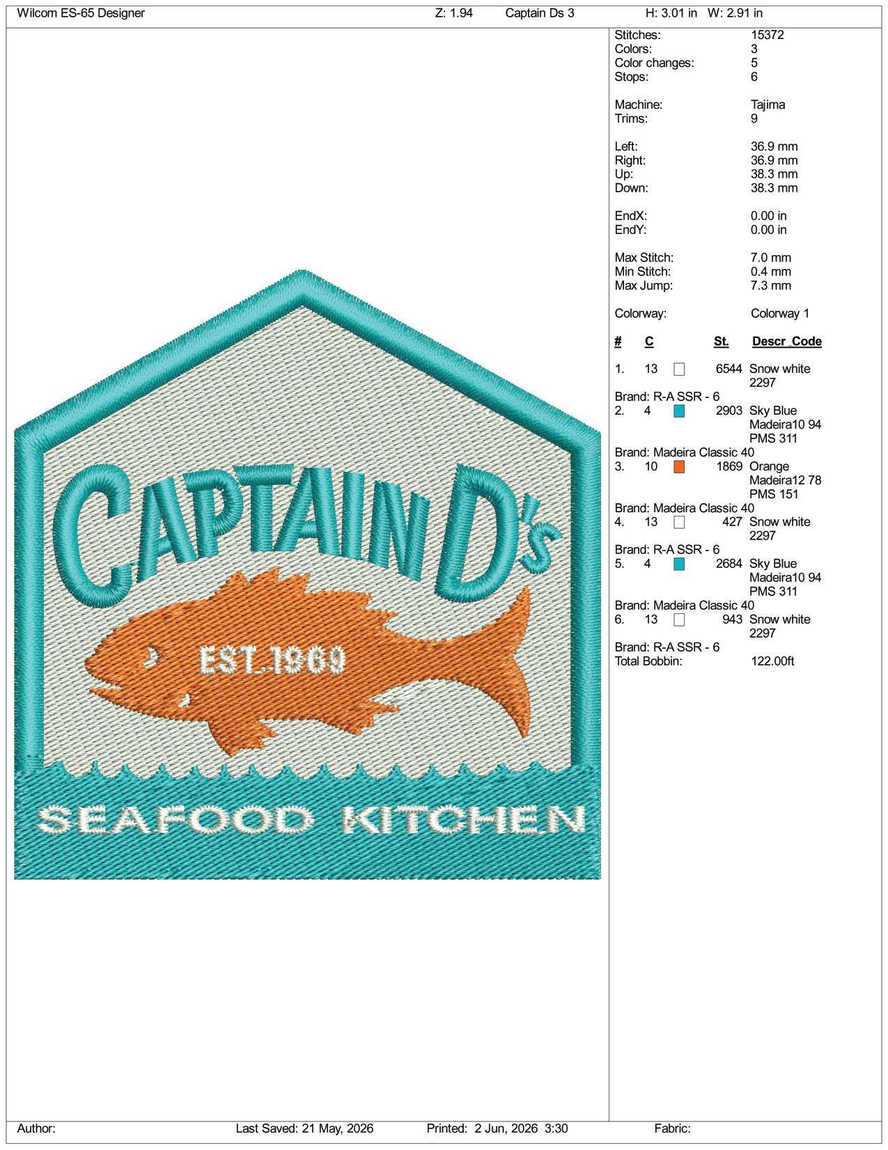 Captain D est 1969 Logo Embroidery Design Files - 3 Size's
