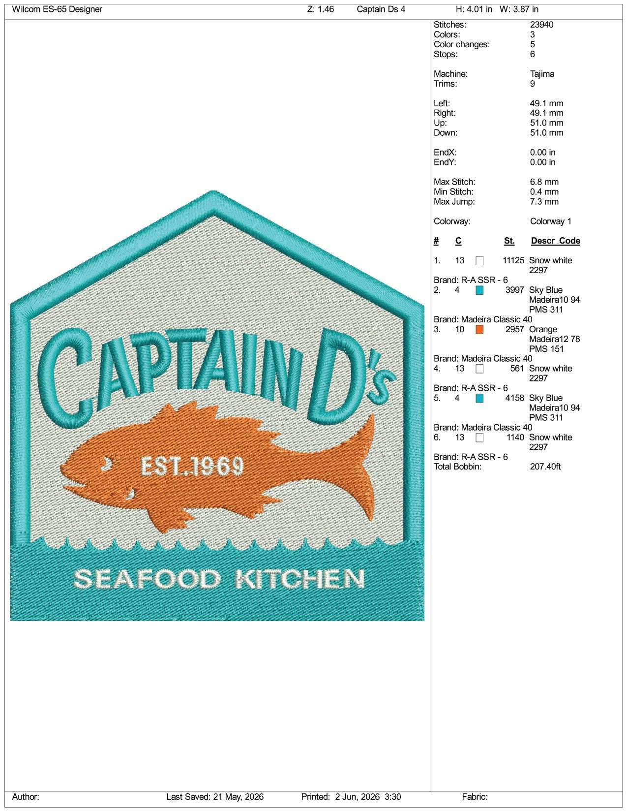 Captain D est 1969 Logo Embroidery Design Files - 3 Size's
