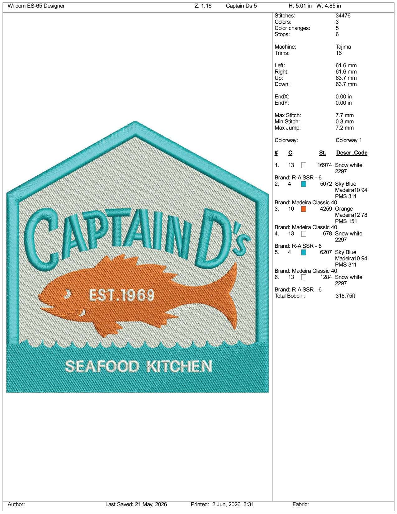 Captain D est 1969 Logo Embroidery Design Files - 3 Size's