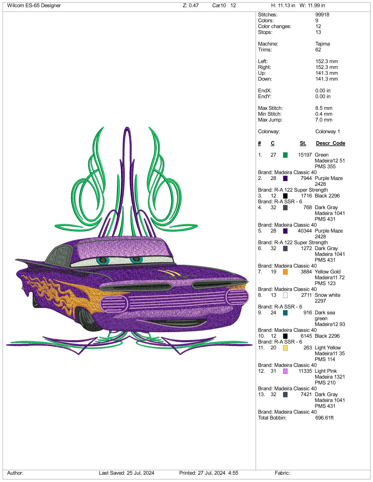 Mater Sally Lightning McQueen Embroidery Design Files - 3 Size's