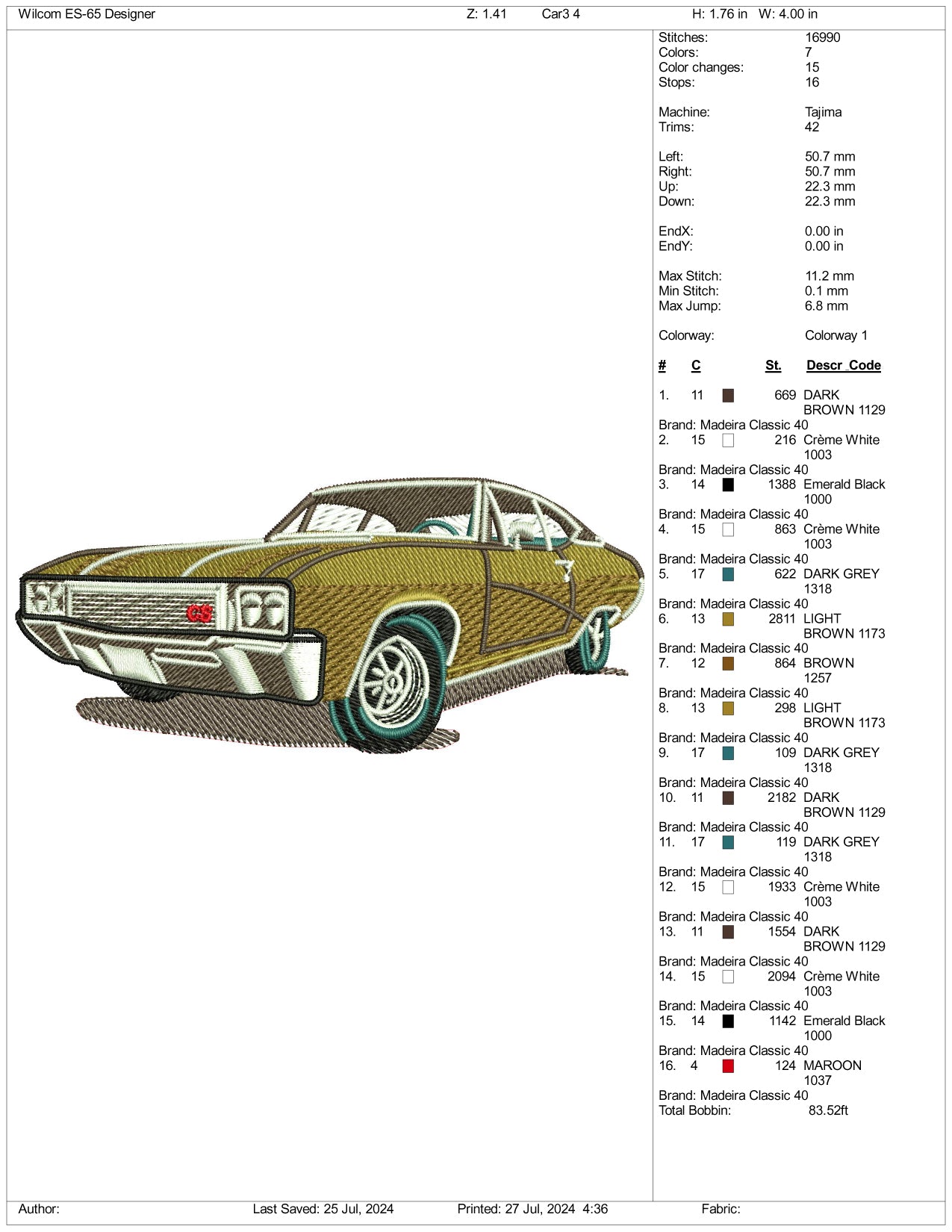 Buick Skylark 1970 Embroidery Design Files - 3 Size's