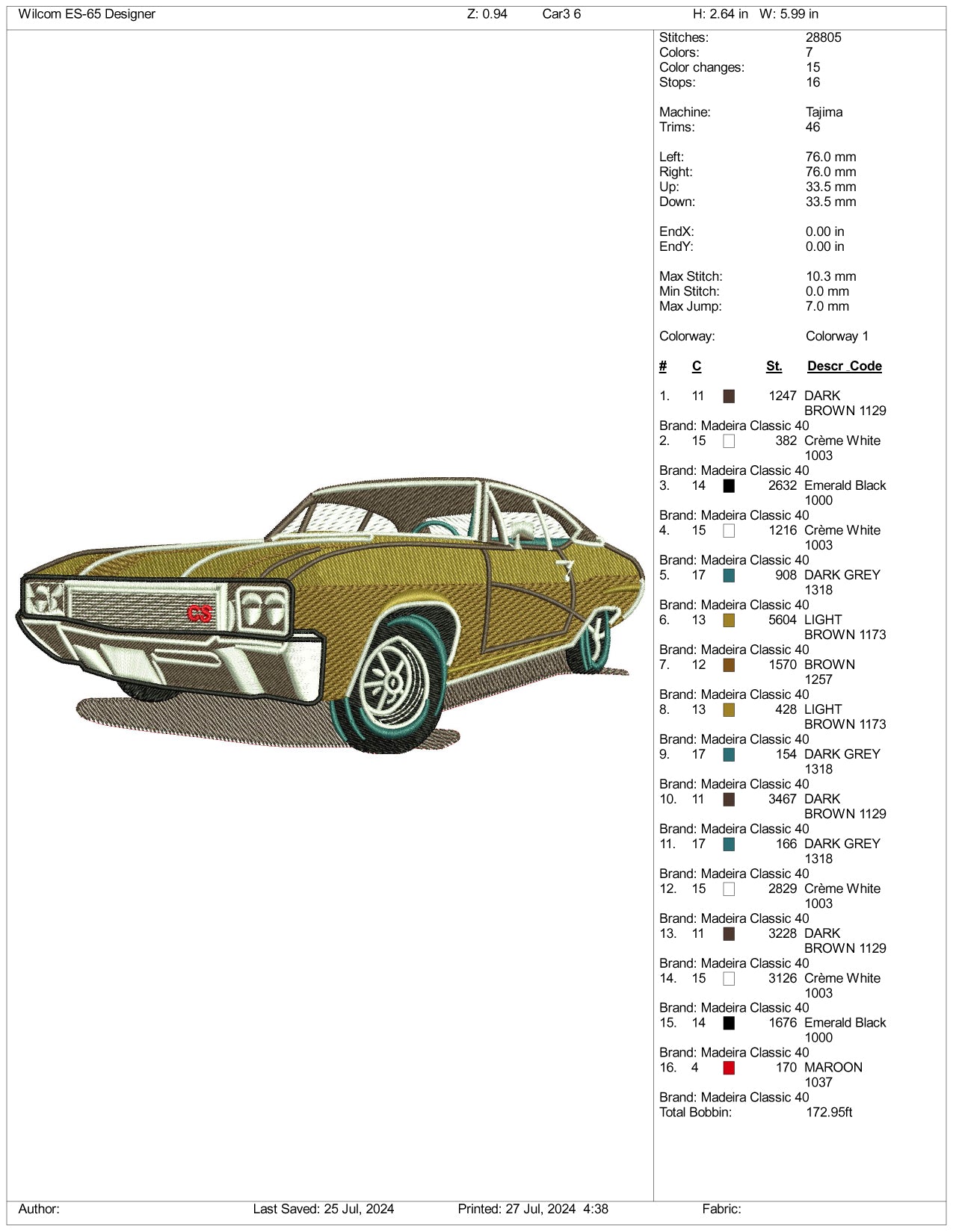 Buick Skylark 1970 Embroidery Design Files - 3 Size's