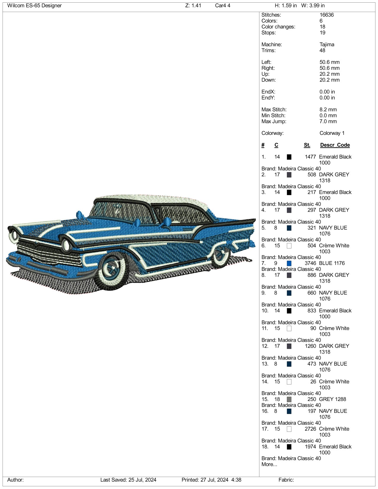 Ford Fairlane 1957 Embroidery Design Files - 3 Size's