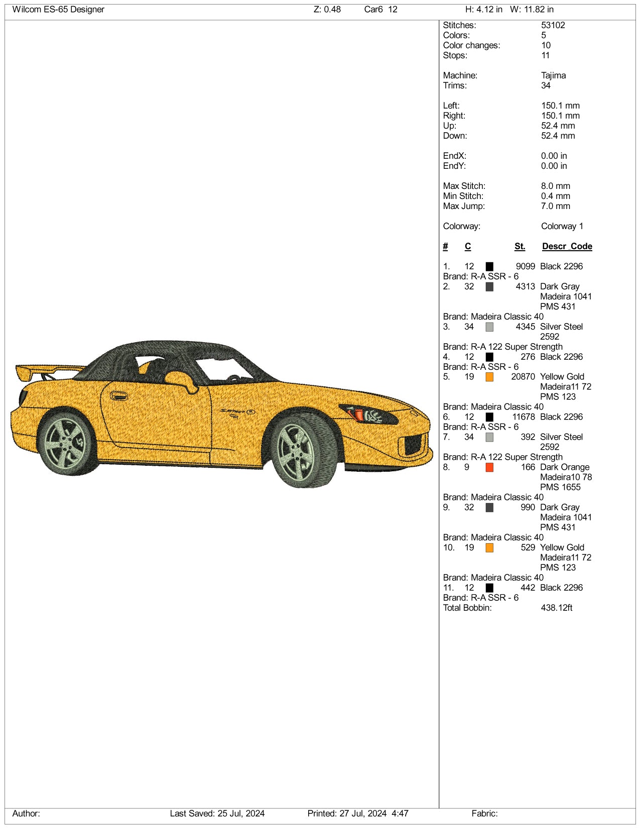 Honda S2000 1999 Embroidery Design Files - 3 Size's