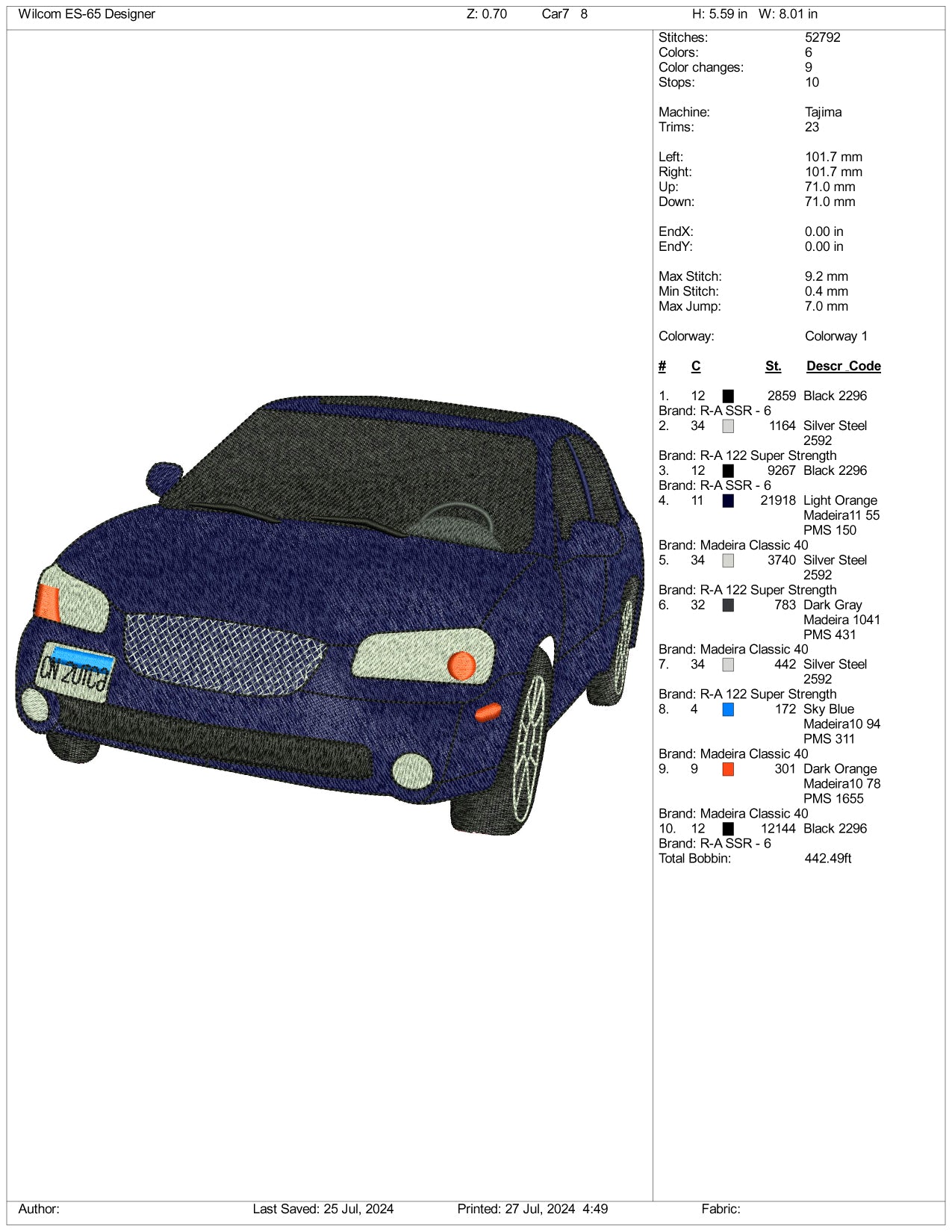 Sedan Car Embroidery Design Files - 3 Size's