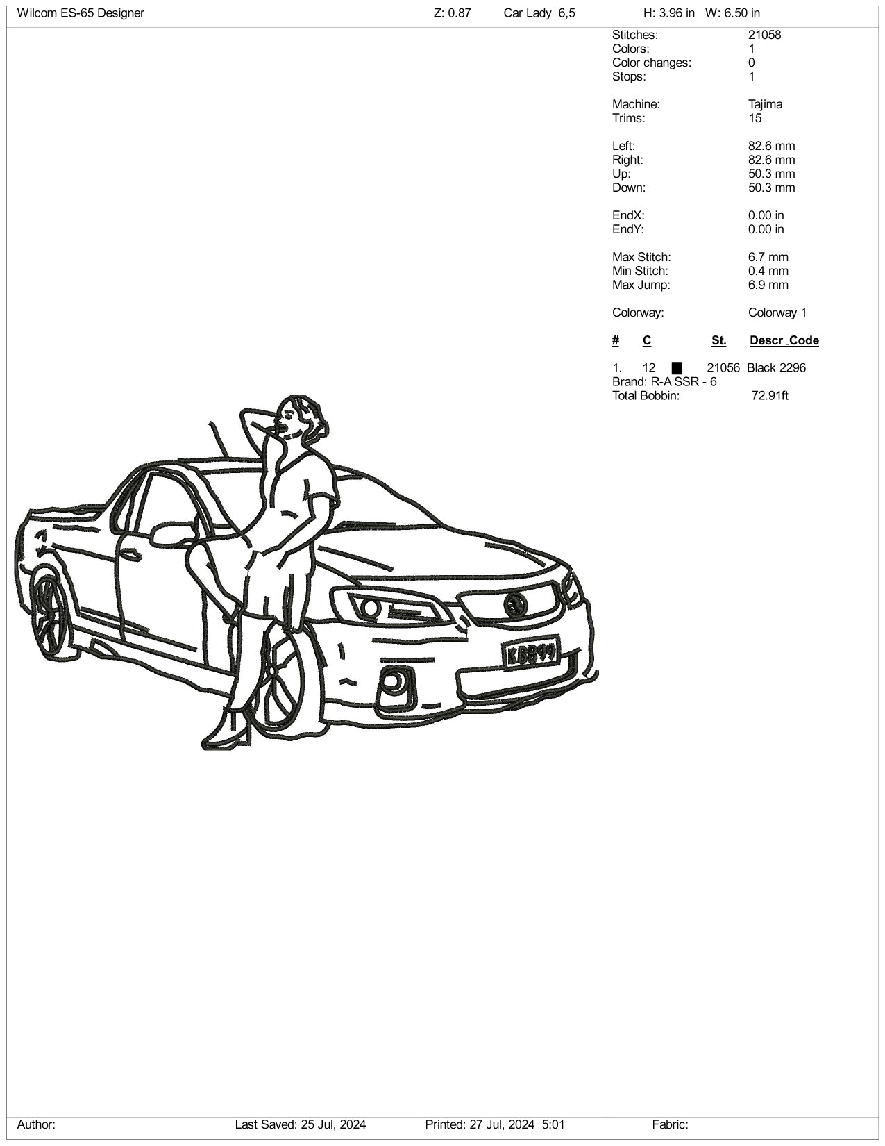 Car with Lady lineart Embroidery Design Files - 3 Size's