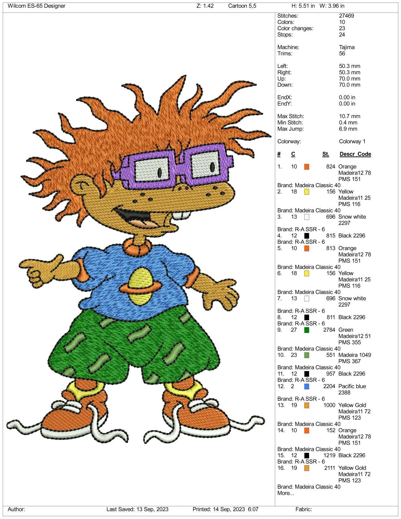 Chuckie Finster Embroidery Design Files - 3 Size's