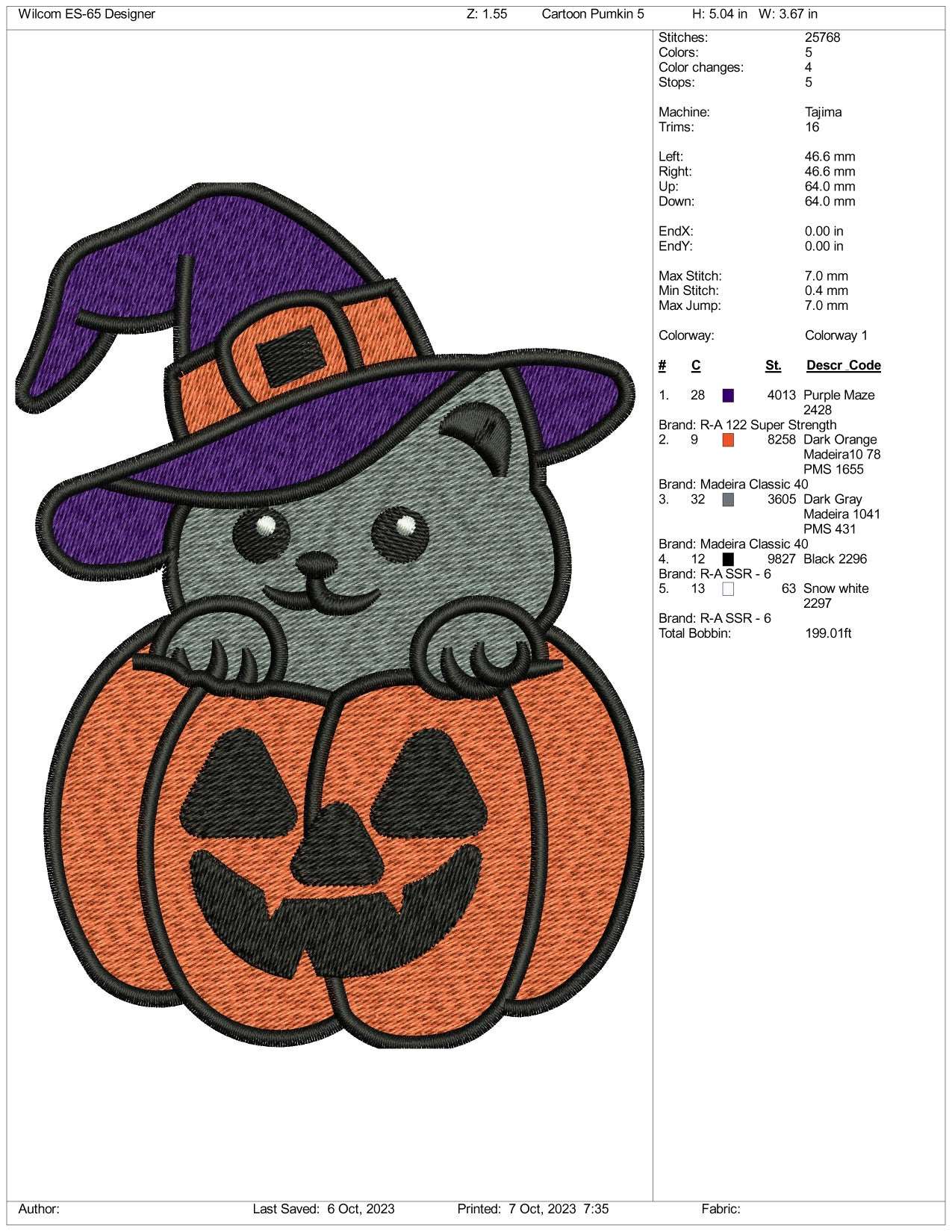 Cat In The Pumkin Embroidery Design Files - 5 Size's