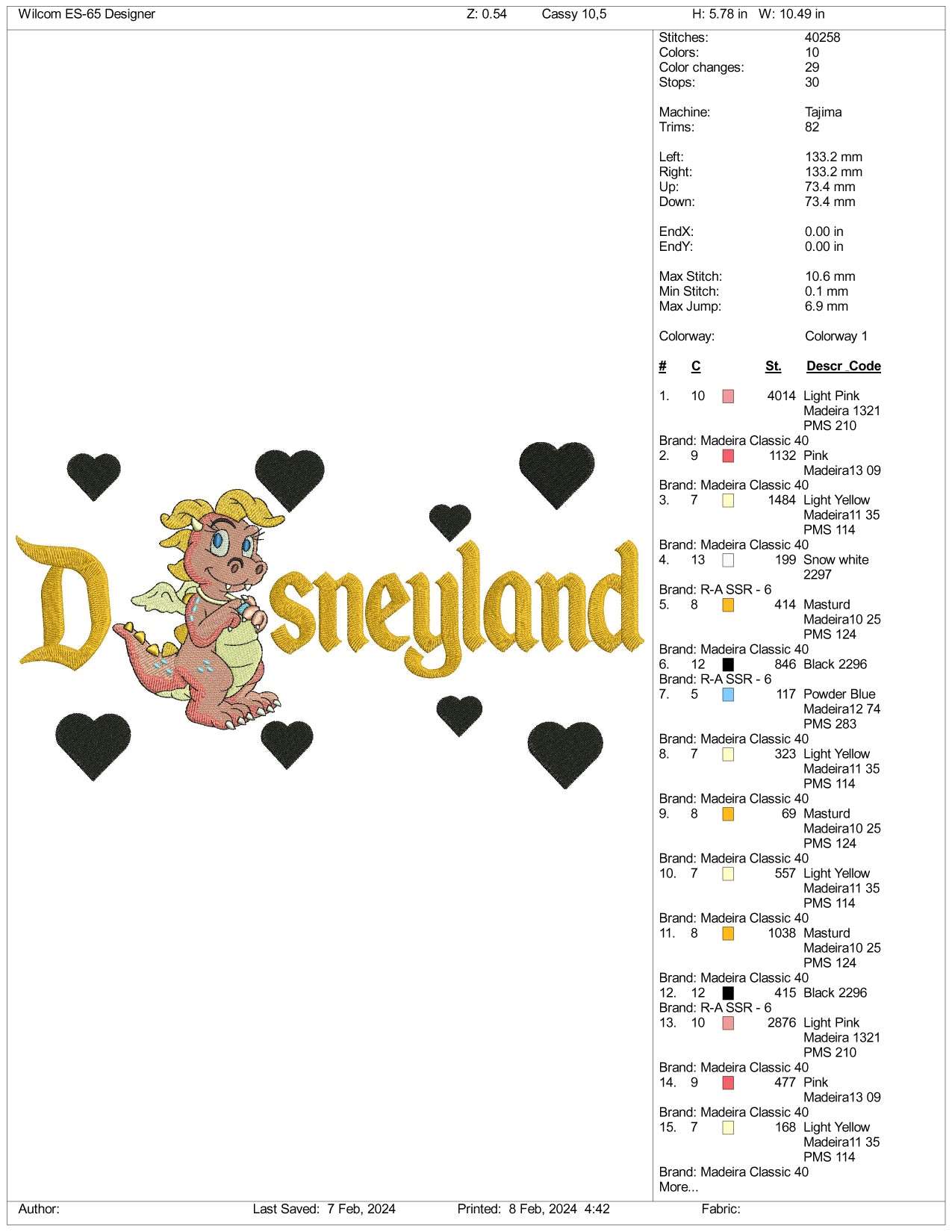 Cassie Dragon Disneyland Tales Embroidery Design Files - 3 Size's