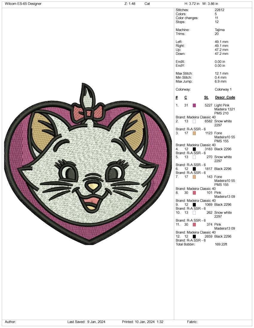 Heart Cat Embroidery Design Files - 3 Size's