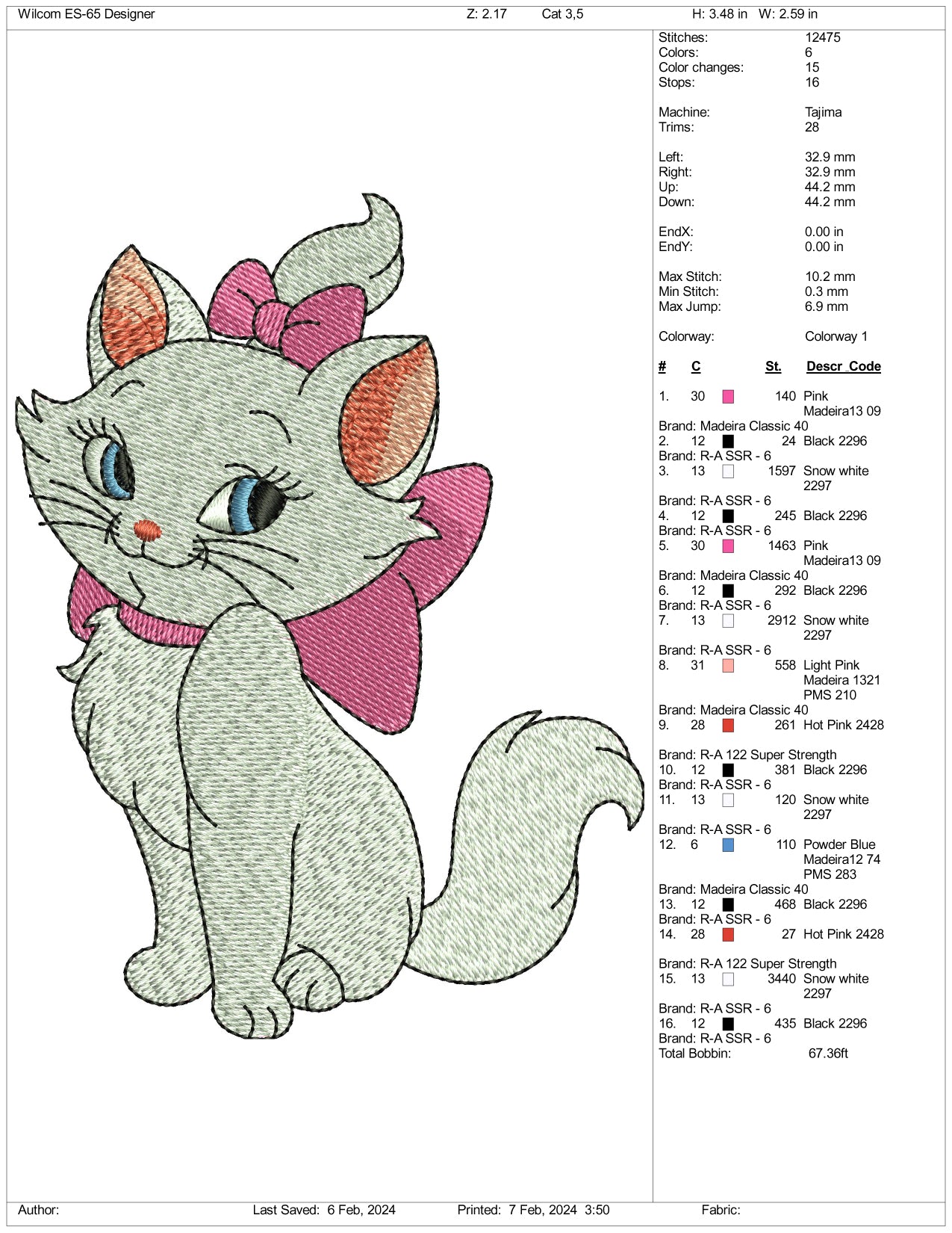 Marie Cat Embroidery Design Files - 3 Size's