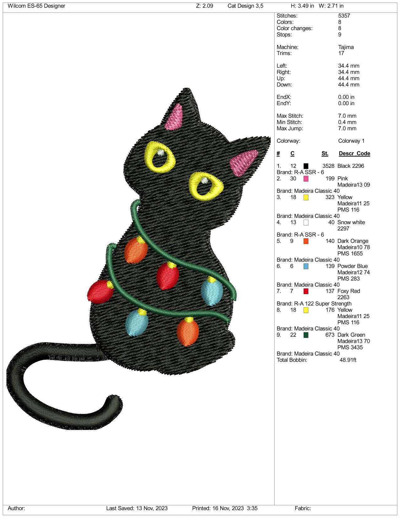 Christmas Cat Embroidery Design Files - 3 Size's