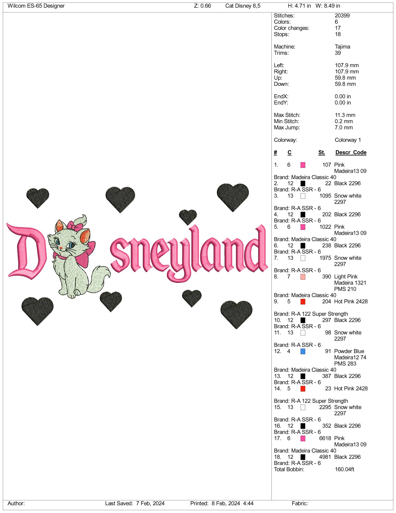Marie Cat Disneyland Embroidery Design Files - 3 Size's