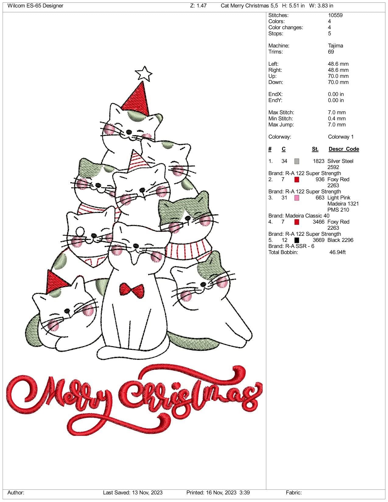 Merry Christmas Cats Embroidery Design Files - 3 Size's