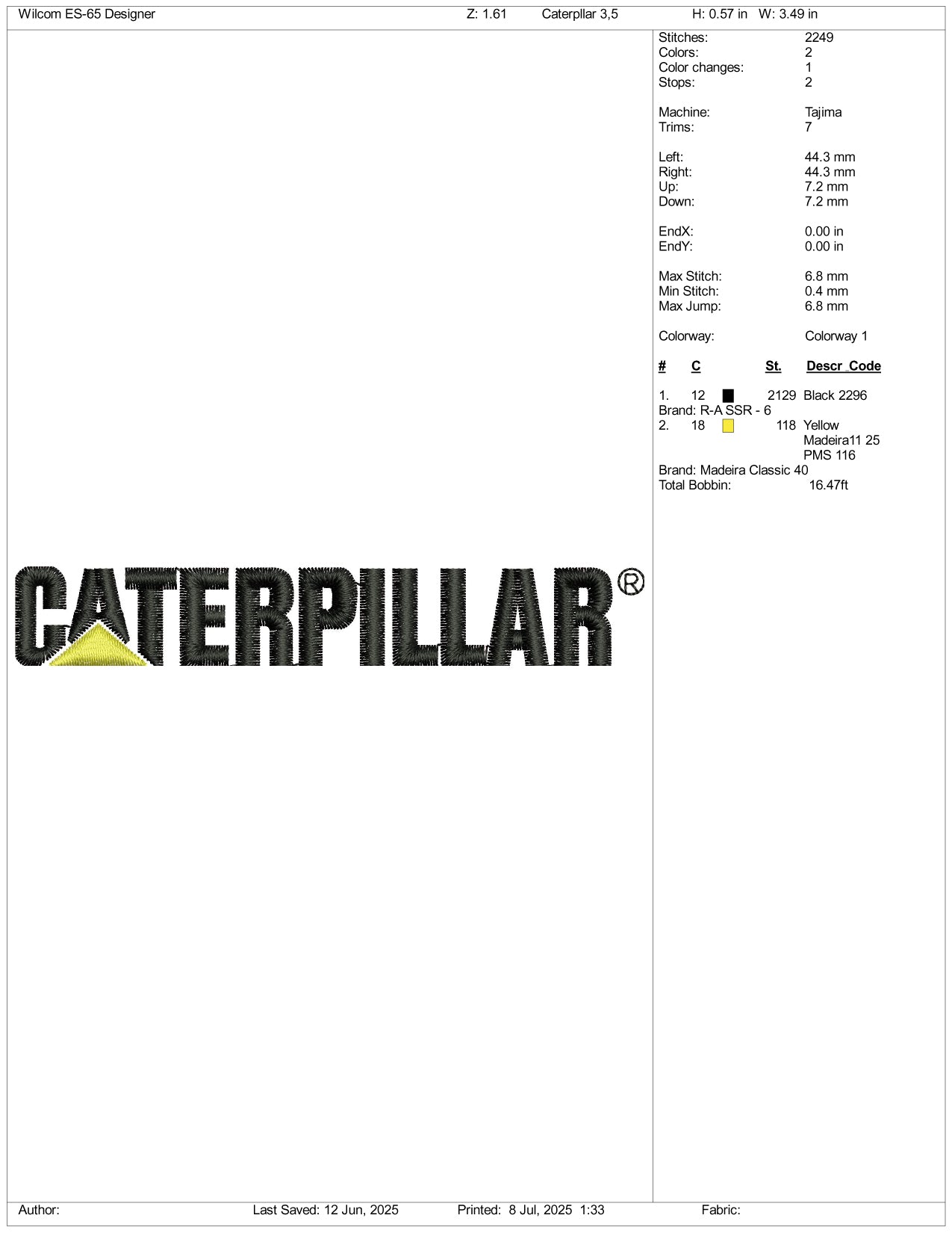 Caterpillar Logo Embroidery Design Files - 3 Size's
