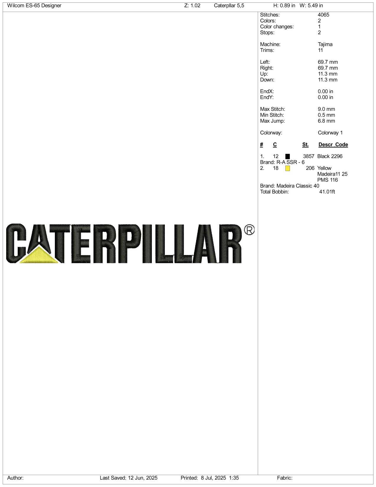 Caterpillar Logo Embroidery Design Files - 3 Size's