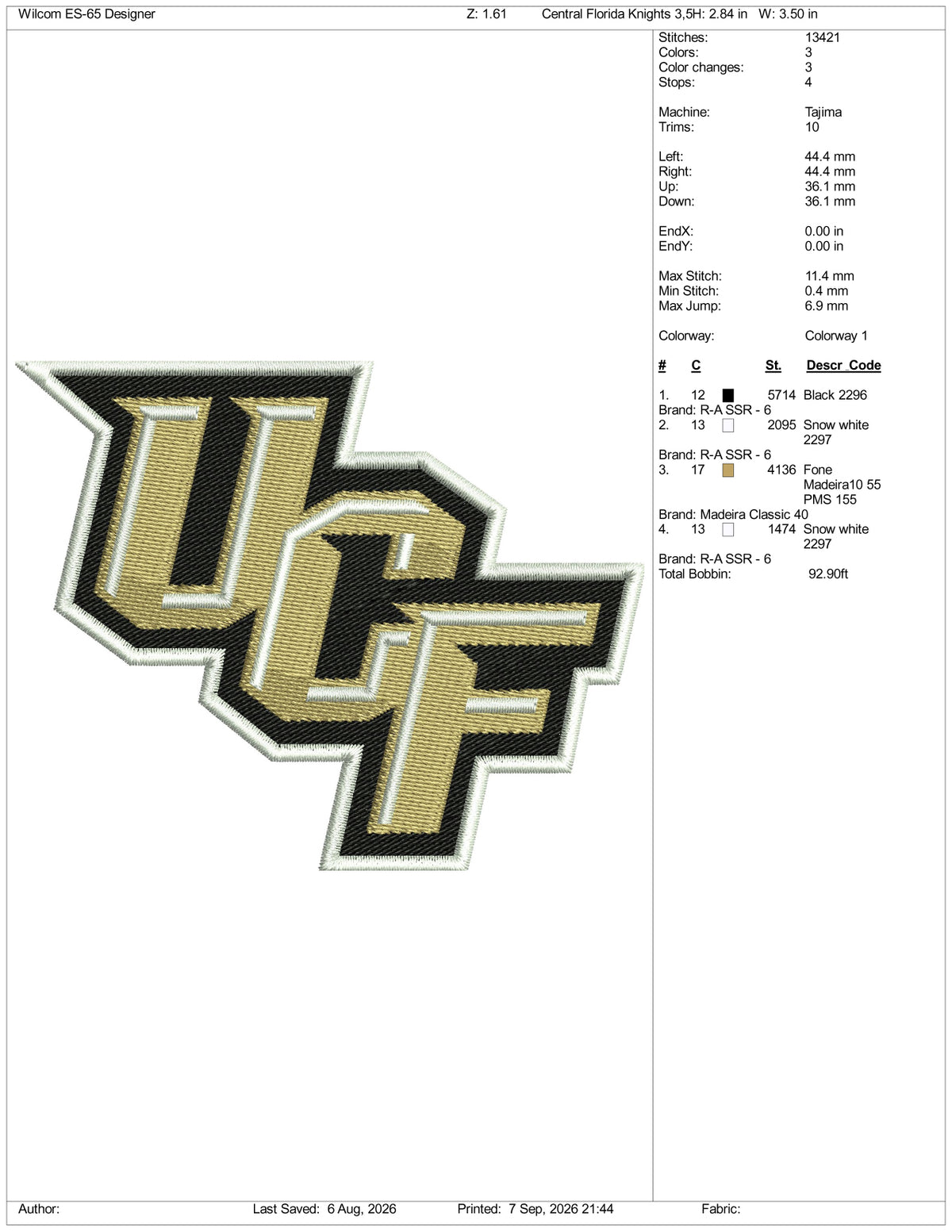 Central Florida Knights Logo Embroidery Design Files - 3 Size's