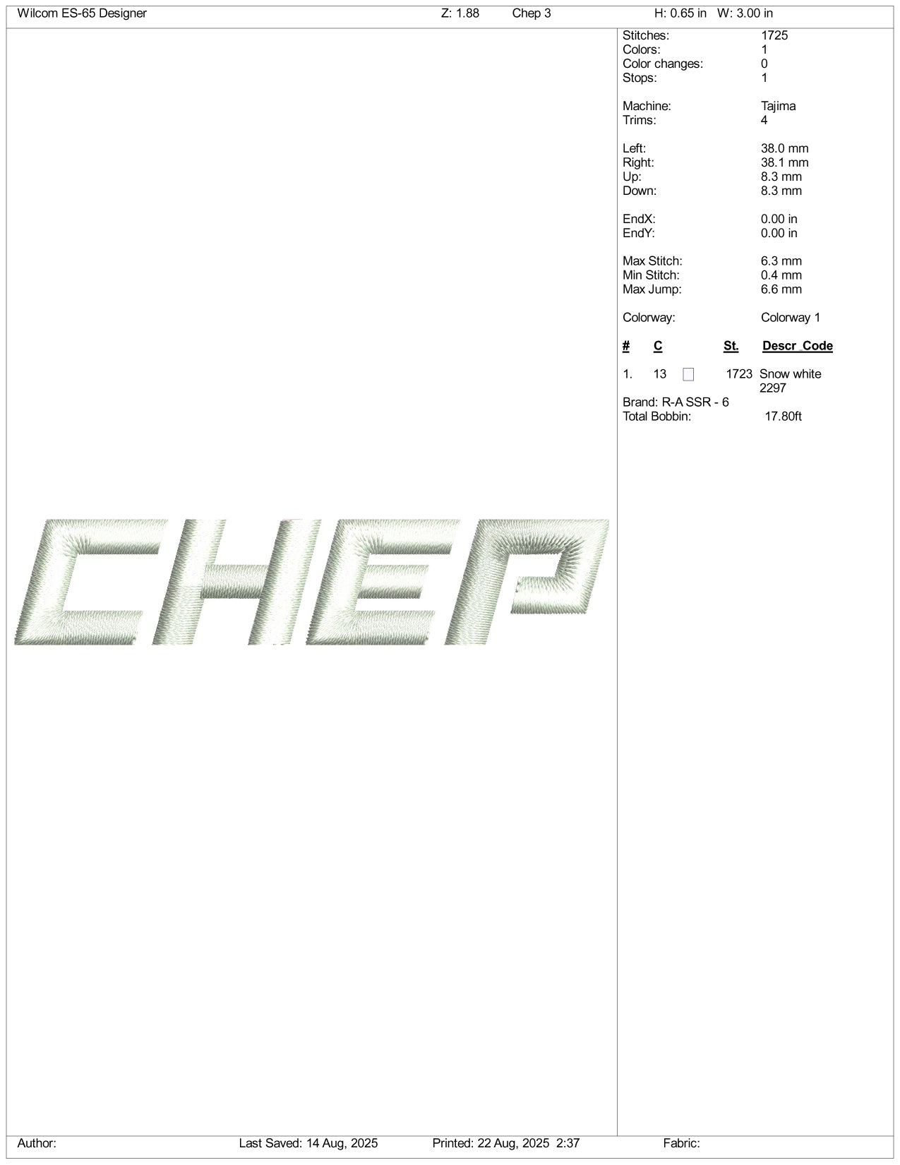 Chep Embroidery Design Files - 2 Size's