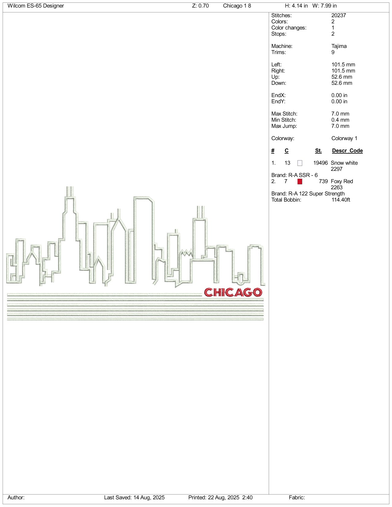 Chicago City Embroidery Design Files - 3 Size's